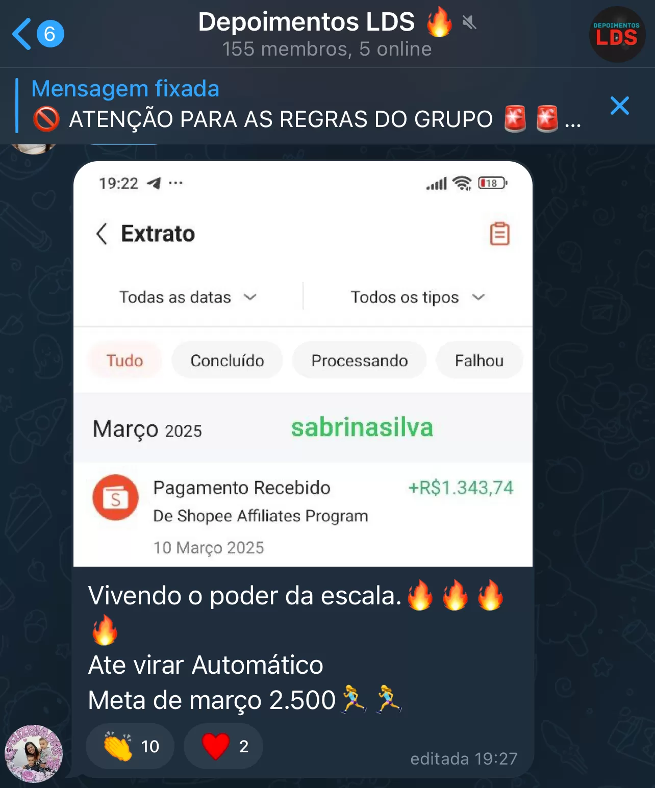 Print de resultado de aluna do LDS