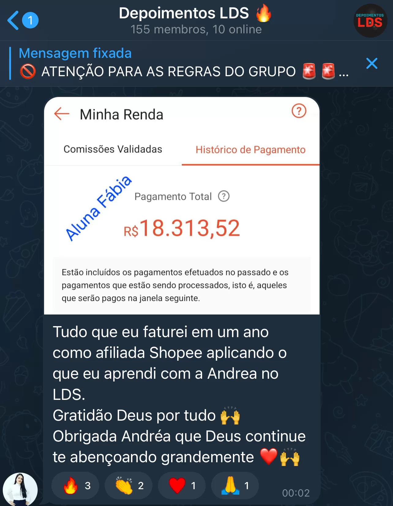 Print de resultado de aluna do LDS